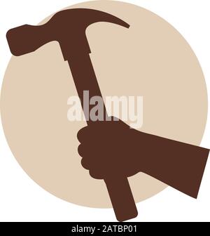 Hand Holding Hammer . Hand with hammer flat line illustration, concept vector isolated icon. Stock Vector