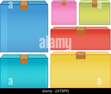 Different sizes of cardboard boxes in many colors illustration Stock Vector