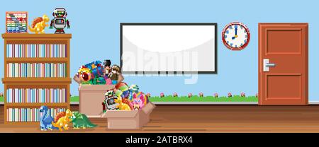 Background scene with whiteboard and toys illustration Stock Vector