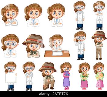 Set of little girl in different actions on white background illustration Stock Vector