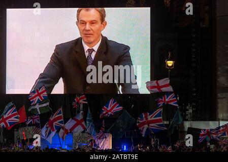 Tony Blair PM recording played to crowds on the big screen at the celebration event in Parliament Square on Brexit Day, 31 January 2020, in London, UK Stock Photo