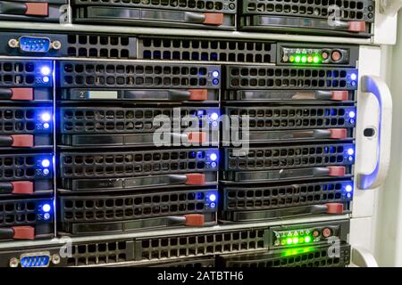 Database servers are  close-up. Сolocation services in data center. Powerful computers for storing large array of information. Stock Photo