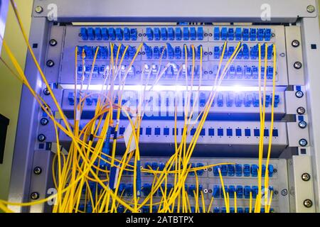 Equipment for high-speed access to the Internet. Fiber-optic wires are connected to the Optical Fiber Distribution Frame. Stock Photo