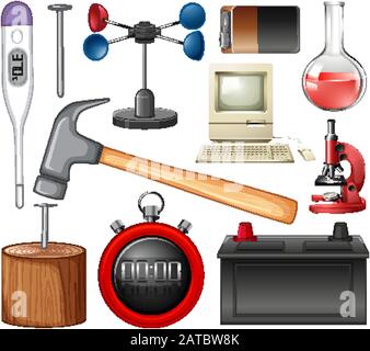 Large set of science equipments on white background illustration Stock ...