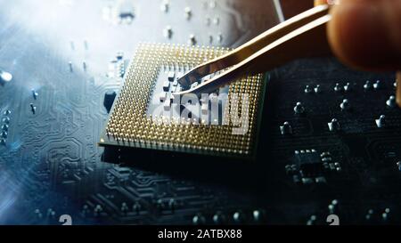 Incredible quality shoot on CPU processor. Motherboard background technology concept. Sharp quality and lines. Stock Photo