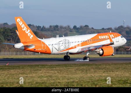 Easyjet Airbus A320 NEO G-UZHA landing on runway 09 at Bristol International Airport. Stock Photo