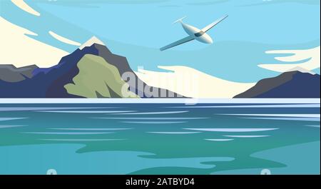 Flat vector web banners on the theme of travel by airplane, vacation, adventure. Flight in the stratosphere. Takeoff over the unbelievable mountain Stock Vector
