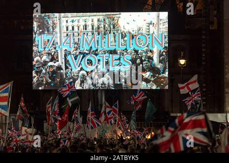 17.4 million votes text displayed on the big screen at the celebration event in Parliament Square on Brexit Day, 31 January 2020, in London, UK Stock Photo