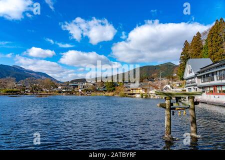 Golden Scale Lake and Yufu Mountain in winter sunny day with clear blue sky. This popular sightseeing spot commonly viewed and photographed by tourist Stock Photo