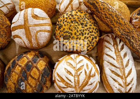 Different kinds of breads seen from above. Stock Photo