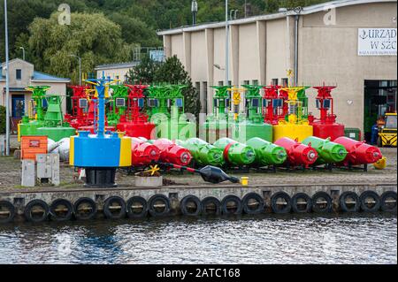 Ship port Szczecin, Poland. 08-28-2017. New marine navigational buoys. Stock Photo