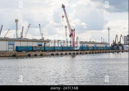 Ship port Szczecin on river Odra. Poland. 08-28-2017. Cargo train in rail freight terminal. Stock Photo