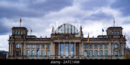 Reichstag building in Berlin, Germany. Dedication on the frieze means 'To the German people'. Stock Photo