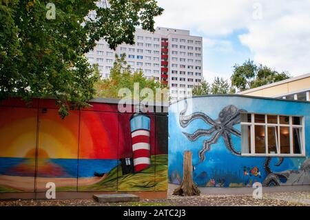 DLRG LV berlin ev bezirk Mitte. Section of the original Berlin Wall on display outside the Märkisches (Marcher) Museum, Mitte, Berlin, Germany, Europe Stock Photo