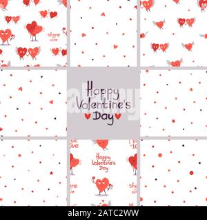 Set of cute vector seamless patterns for Valentines Day. Endless texture. Design concept for romantic fabric print. Background for greeting card Stock Vector