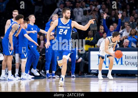 Philadelphia, Pennsylvania, USA. February 1, 2020: Creighton Bluejays guard Mitch Ballock (24) reacts to his basket during the NCAA basketball game between the Creighton Bluejays and the Villanova Wildcats at the Wells Fargo Center in Philadelphia, Pennsylvania. (Christopher Szagola/CSM) Stock Photo