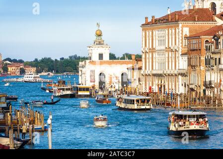 Venice, Italy – May 18, 2017: Grand Canal with boats and vaporetto. It is a famous tourist attraction of Venice. Panorama of main street of the Venice Stock Photo