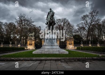 Brussels Old Town, Brussels Capital Region / Belgium - 12 20 2019: Statue of Leopold II, former King of Belgium  and Royal palace surroundings with mo Stock Photo