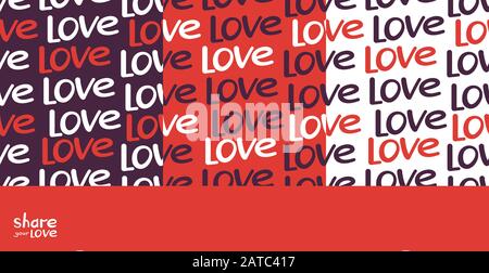 Set of bright vector seamless patterns in white red purple colors. Positive modern print. Lettering. Share your love. Endless texture. Design concept Stock Vector