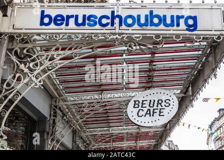 Brussels Old Town / Belgium - 06 25 2019: Metal art deco shed of the theater Beursschouwburg and his Beurs café Stock Photo