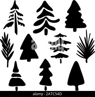 Collection of coniferous trees silhouettes. Christmas shapes of stylized trees. Needles and branches. Cartoon style and scribble. Botanical motifs of Stock Vector