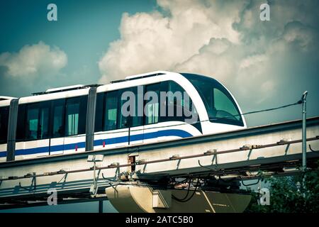 A monorail train runs in blue sky in Moscow, Russia Stock Photo