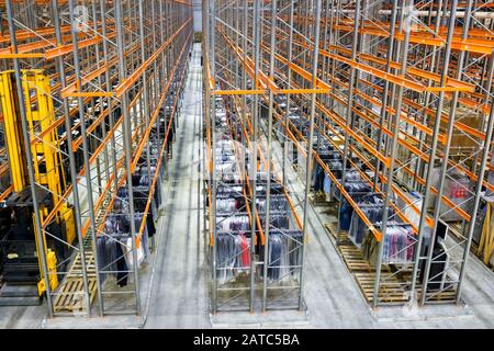 Moscow - March 18, 2016: Panoramic view of the interior of the large modern warehouse. Moscow is a modern city with well-developed logistics infrastru