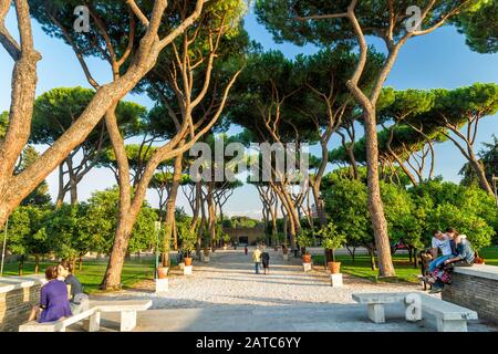 ROME, ITALY - OCTOBER 3, 2012: Park on the Aventine Hill. This is a beautiful and peaceful place in the center of Rome for walking and leisure travele Stock Photo