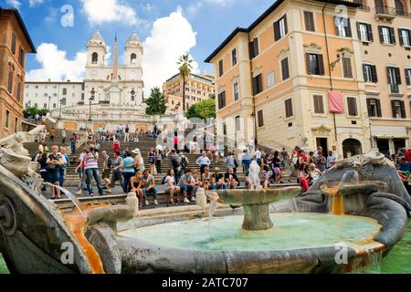 ROME - CIRCA OCTOBER 2012: The Spanish Steps, seen from Piazza di Spagna with Fountain Fontana della Barcaccia circa october 2012, Rome.The Spanish St Stock Photo