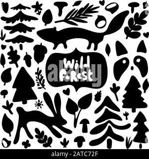 Wild forest set constructor of cartoon black silhouettes isolated on white. Raccoon, mink and hare hid in the forest. Black and white square greeting Stock Vector