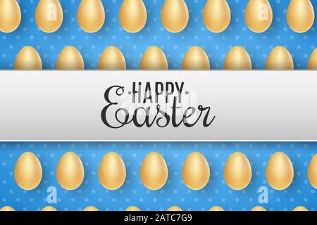 Easter ribbon paper banner. Realistic golden eggs on a blue background. Vector illustration. EPS 10 Stock Vector