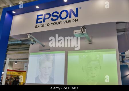 KYIV, UKRAINE - APRIL 06, 2019: Epson, Japanese electronics company, world largest manufacturer of computer printers booth during CEE 2019, largest el Stock Photo