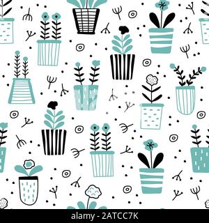 Seamless pattern with cute painted potted plants Stock Vector