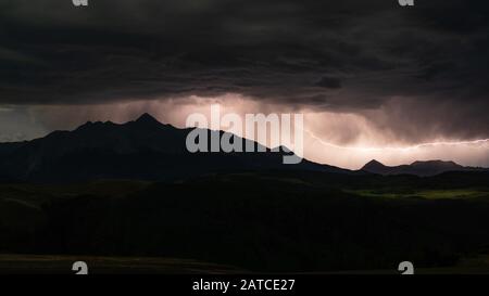 Lightning Striking Over Mountains, Telluride, Colorado, USA Stock Photo