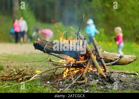 Forest bonfire. Having fun at a camp site with family and friends. Fun activities in summer. Stock Photo