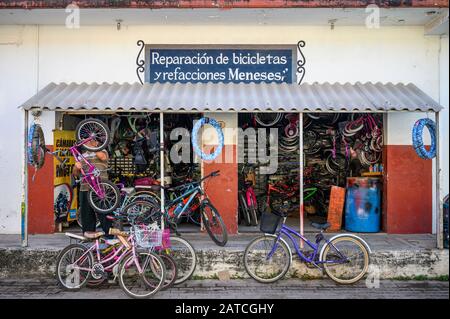 Bicycle repair shop in San Blas, Riviera Nayarit, Mexico. Stock Photo