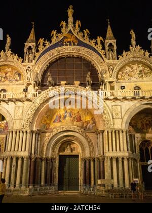 Facade of the San Marco Basilica at night, Venice Stock Photo