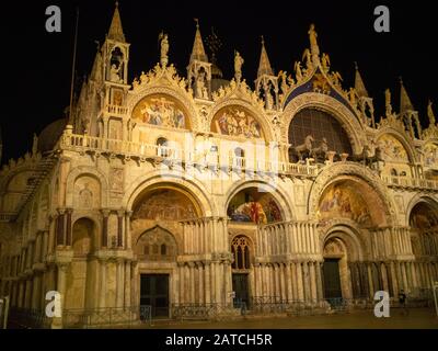 San Marco Basilica at night, Venice Stock Photo