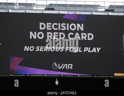 Watford, UK. 01st Feb, 2020. Scoreboard showing VARduring Premier League match between Watford and Everton on January 01 2020 at Vicarage Road Stadium, Watford, England. Credit: Cal Sport Media/Alamy Live News Stock Photo