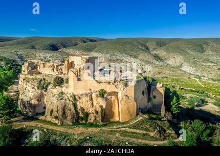 Aerial view of historic Montesa castle, Gothic castle ruin in Valencia province Spain Stock Photo