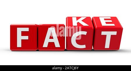 Red cubes with flip cube create words - Fact and Fake - on a white table, three-dimensional rendering, 3D illustration Stock Photo