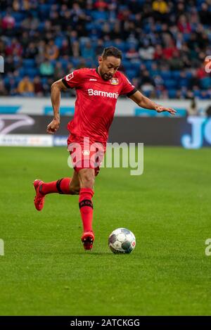 Sinsheim, Germany. 1st Feb, 2020. Karim Bellarabi (Bayer 04 Leverkusen) at the Football, BuLi: TSG 1899 Hoffenheim vs Bayer 04 Leverkusen at the PreZero Arena on February 1, 2020 in Sinsheim, GERMANY. DFL/DFB REGULATIONS PROHIBIT ANY USE OF PHOTOGRAPHS AS IMAGE SEQUENCES AND/OR QUASI-VIDEO. Credit: ESPA/Alamy Live News Stock Photo