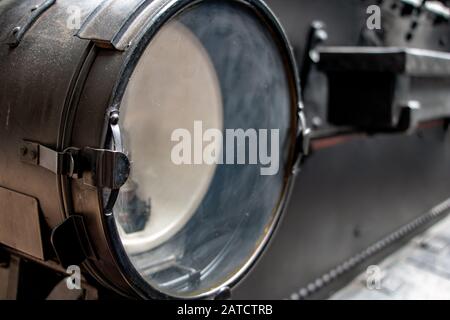 Old lamp on the steam locomotive.  Retro light in front part of train. Stock Photo