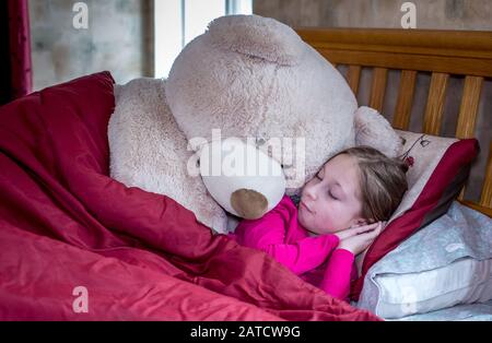 Cute little girl in bed with a giant teddy bear. Someone is snoring Stock Photo