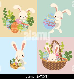 Set of vector easter bunny with eggs, flowers Stock Vector