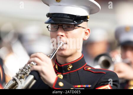 New Orleans, Louisiana, USA - November 30, 2019: Bayou Classic Parade, Members of the United States Marine Corps Marching Band, performing at the para Stock Photo
