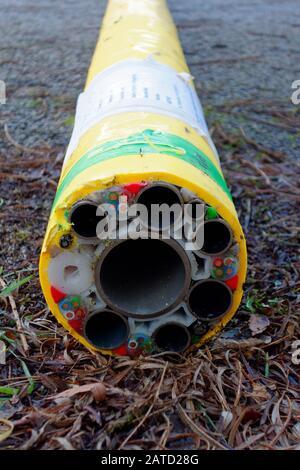A submarine cable cross section showing the different cores, including flowline, power and signal. Stock Photo