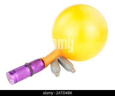 Nitrous oxide legal high equipment including canisters and balloon isolated on a white background Stock Photo