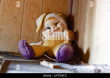 An old purple and yellow floppy-eared bunny doll in a run down abandoned house, near Springfield, Georgia. Stock Photo