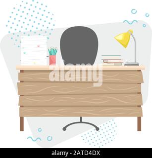 A workplace with a stack of papers, books, and a table lamp. Flat vector illustration. Stock Vector
